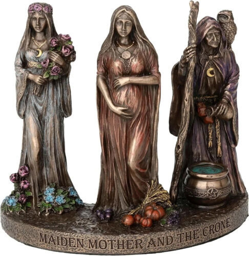 Triple Moon Goddess Maiden Mother and Crone Cold Cast Resin Bronze Finish Wiccan - Afbeelding 1 van 6