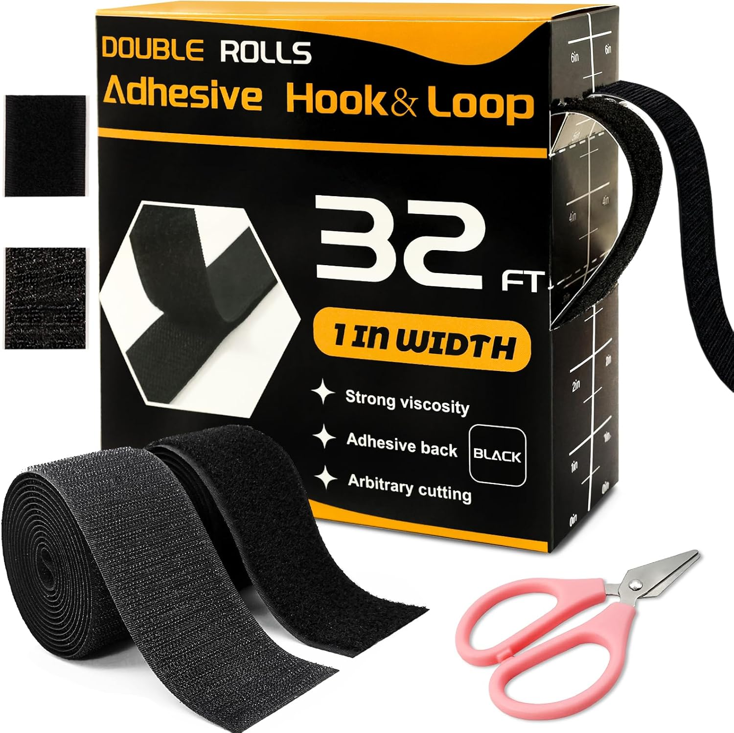 32 Ft x 1 Inch Adhesive Hook and Loop Strips, 2 Rolls Black Self Stick Fastener Tape