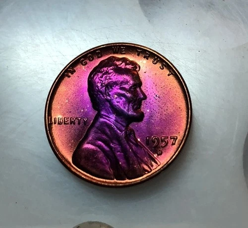 Lincoln Wheat Cent 1957 D BU Monster rainbow TONED Comb S&H