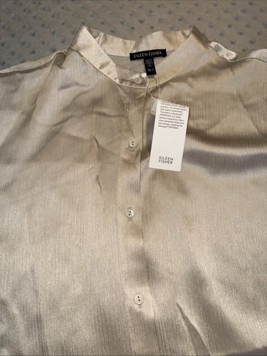 NWT Eileen Fisher Almond Striated Silk Satin Mandarin Collar Shirt Size Small - Picture 2 of 7
