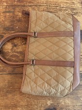 LL Bean Tote Bag  Large Brown Quilted Leather Trim Plaid Lined Carryall Hobo