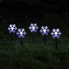 Image of Set of 5 Christmas Snowflake Garden Stake Lights Battery Outdoor Use with Timer
