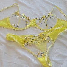 Floral Embroidered Sheer Mesh Balconette Bra Set Underwired Yellow White XL