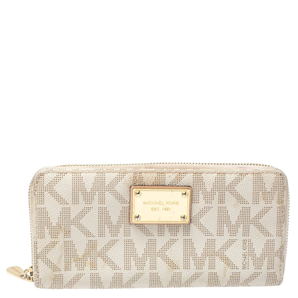 Portafoglio Michael Kors bianco rivestito con monogramma in tela con cerniera