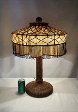 REWIRED Antique Vtg Wicker Table Lamp Metal Coils Fringe Arts & Crafts Victorian