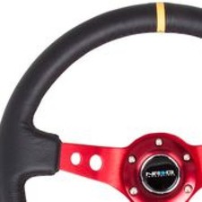 NRG Reinforced Steering Wheel (350mm / 3in. Deep) Blk Leather w/Red Spokes &