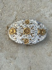 Vintage Crumrine Heavy Silverplate on Jewelers Bronze Floral Design Belt Buckle