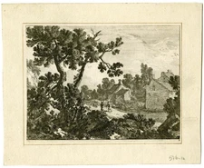 Antique Master Print-LANDSCAPE-WITH-MILL-RUSTIC-FIGURES-Perelle-18th c.