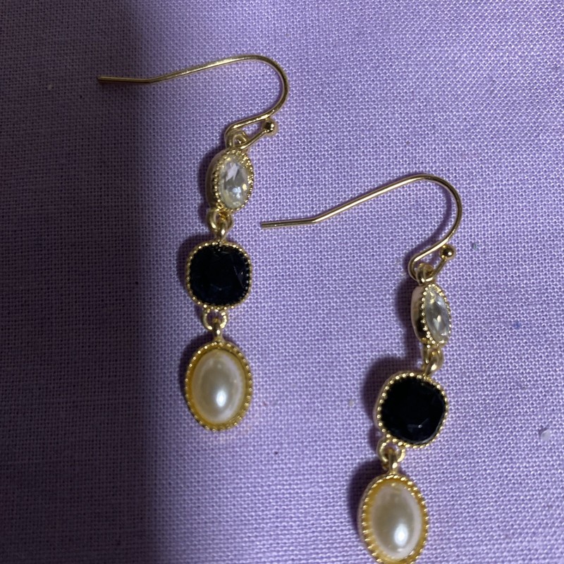Gold Tone Clear Rhinestone/faux Pearl/black Rhinestone Dangle Earrings