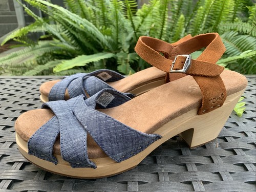 Toms Beatrix Sandal Clog Denim Leather Strap Wooden Wedge Size 9 | eBay