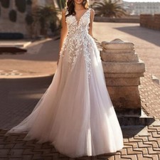 3D Floral Lace Deep V Neck Wedding Dress Sleeveless Tulle Bridal Gown Long Train