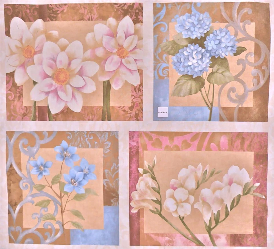 Framed Floral Arrangements Pastel Pink Tan & Ivory, Cotton Fabric, Per Panel - Image 2 of 4