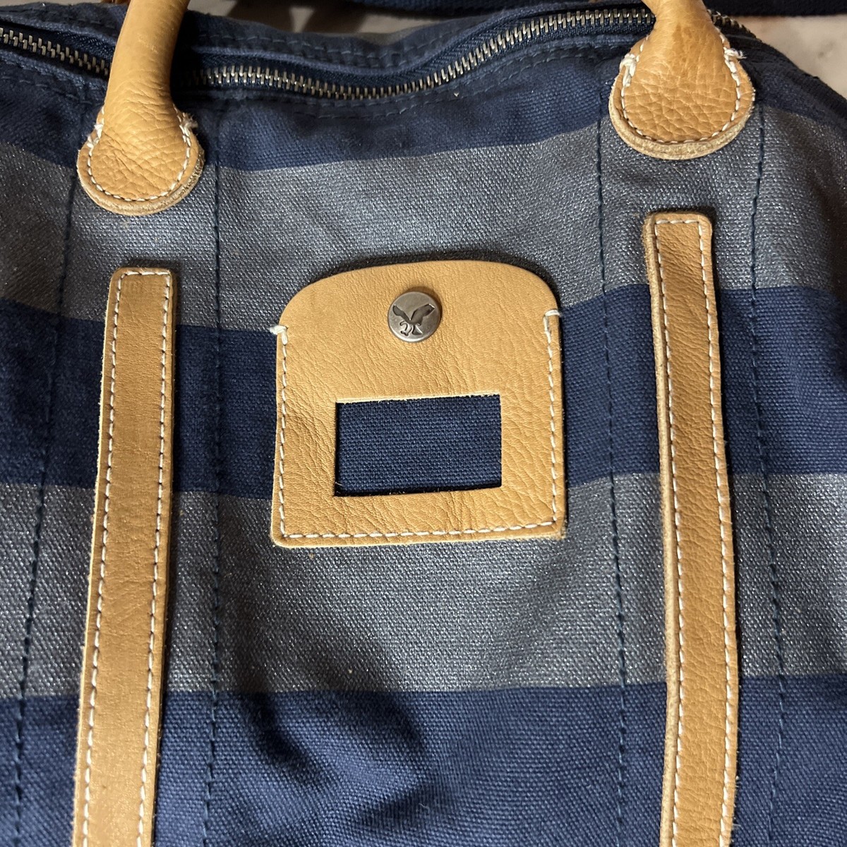 A/E カバン　アメリカンイーグル　ネイビー AMERICAN EAGLE Large Navy Blue & Denim Canvas & Tan Leather