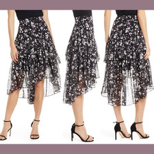NWT $178 Eliza J [ 14 ] Ruffle Asymmetrical Ruffle Chiffon Skirt in Black #T200