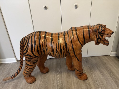 Vintage Leather Wrapped Tiger HUGE 40” Mid Century 1970s Big Cat Sculpture Art