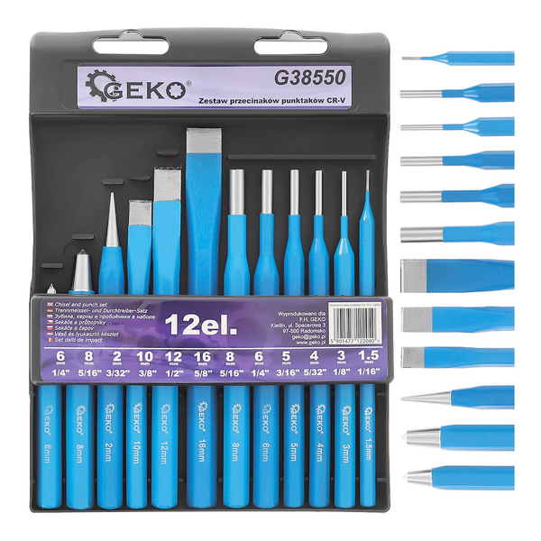 12Tlg.Set Splinttreiber KöRner FlachmeißEl MeißEl Durchschlag Durchtreiber Geko-image