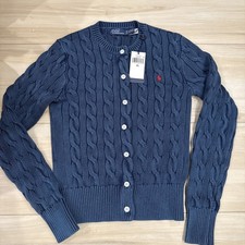 NWT Polo Ralph Lauren Cable-Knit Cotton Crewneck Cardigan INDIGO Blue Women's XS