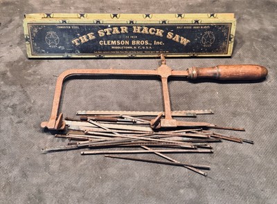 Vintage Clemson Bros Tin Metal Box - The Star Hack Saw WITH SAW & 24 Blades
