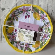 TAHARI Spring Floral Yellow Trim Melamine Dinner Bowls 10" Set of  4 Pastel NEW