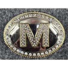 Initial "M" Belt Buckle Women's Silver Gold Tone Rhinestones Oval Western 4x3"