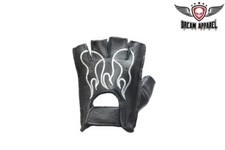 Black Fingerless Leather White Flames Design Motorcycle Biker Riding Gloves