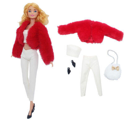 Faux Fur Jacket Clothes Set For 11.5'' Doll Outfits Top Pants Sandal Bag 1/6 Toy