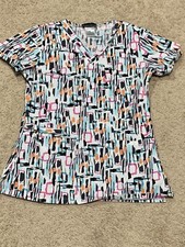 Cherokee Womens Scrub Top Size XS Multicolor Print Deep Pockets Short Sleeve