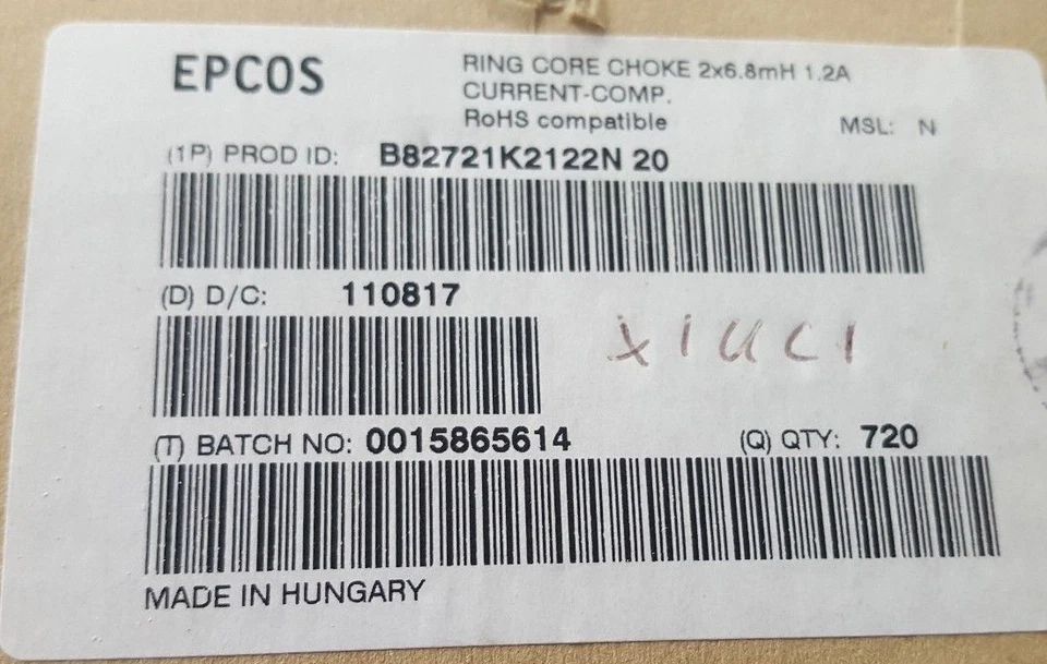 EPCOS B82721K2122N 20 RING CORE CHOKE 2X6.8MH 1.2A 720 PCS (U2.7) - Image 2 of 2
