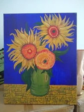 Original Art. Invoking Van Gogh. Acrylic Painting. 16 x 20 Sunflowers on Blue