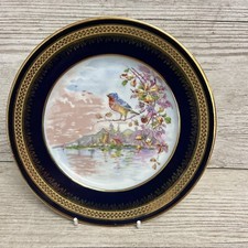 Vintage Limoges Dark Blue Cabinet Plate Bird On Branch 19cm in Diameter