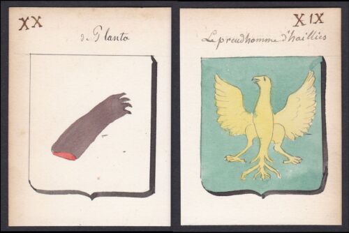 19. S.Glanton Preud 'Homme-D'Haillies France Armoiries Coat De Arms Aquarell - Afbeelding 1 van 1