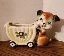 MCM Anthropomorphic Art Pottery Puppy DOG and Cart Vintage Planter Japan 1960s 