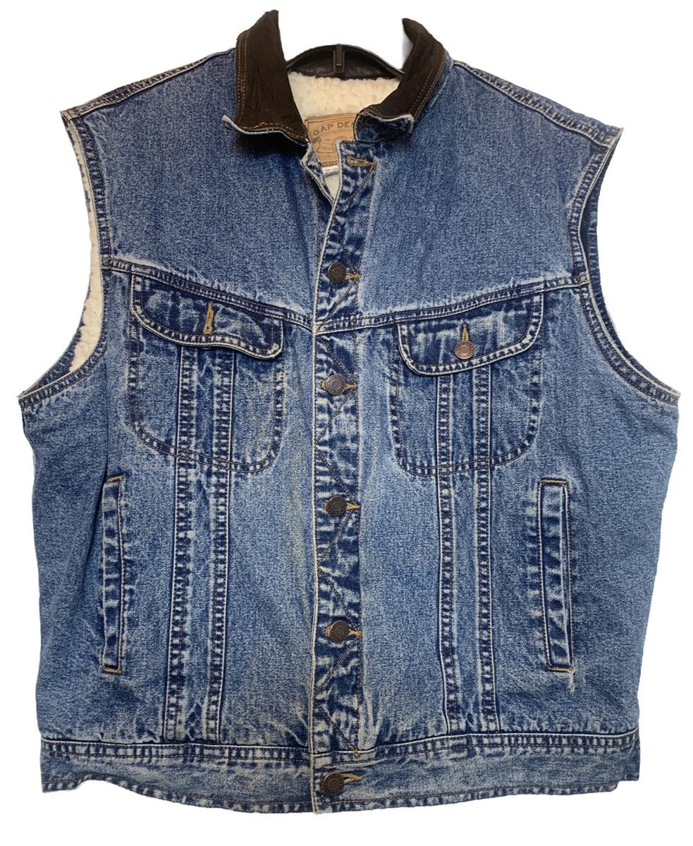 Gap Denim Sherpa Trucker Vest Men M Leather Collar Button-up Pockets Gorp  Core