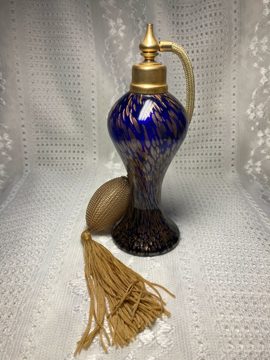 VINTAGE BLUE GOLD FLAKE MURANO ART GLASS ATOMIZER PERFUME BOTTLE