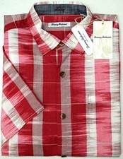Tommy Bahama Mens Short Sleeve Who Got Ikat Pink Striped Shirt Baja Red