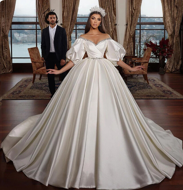 Off the Shoulder Princess Ball Gown Satin Wedding Dresses Puffy Sleeves  Beaded