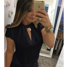 Womens Chiffon V Neck Frill Collar Short Sleeve Chiffon T Shirt Blouse Work Tops