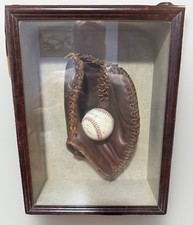 VTG 50s "Claw" Baseball Glove & Ball Mounted Shadow Box Wood Glass Display Case
