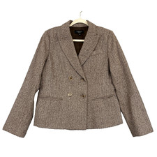 Talbots Double-Breasted Wool Blend Blazer Womens 12 Brown Herringbone Academia