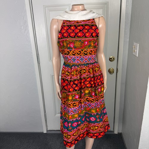 Vintage 70s 60s Society Womens Dress Cotton Hawaiian Barkcloth Floral Pockets A5