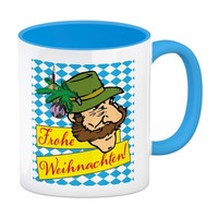 Bayer Mit Hut Kaffeebecher In Hellblau Mit Spruch Frohe Weihnachten