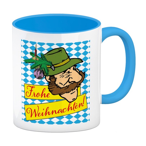 Bayer Mit Hut Kaffeebecher In Hellblau Mit Spruch Frohe Weihnachten-image