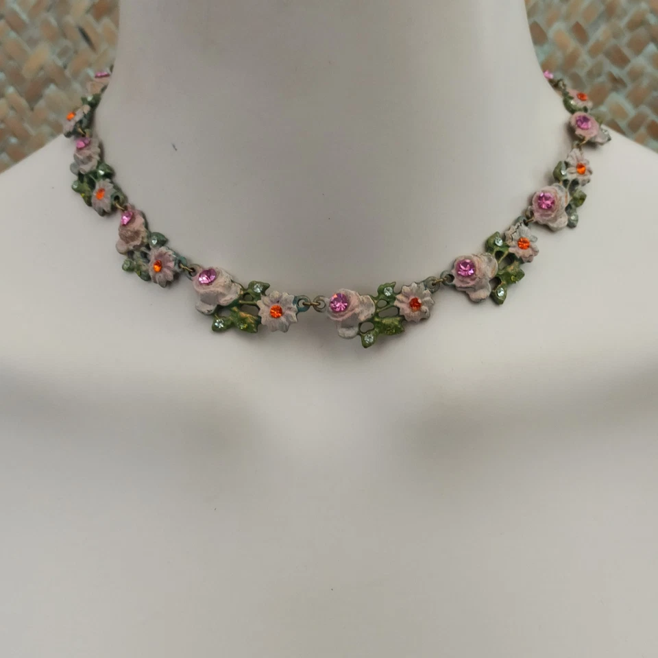 Collar Michal Negrin Cristal Floral Fairycore Romántico Rosa Verde Boho Shabby Foto 2 de 4