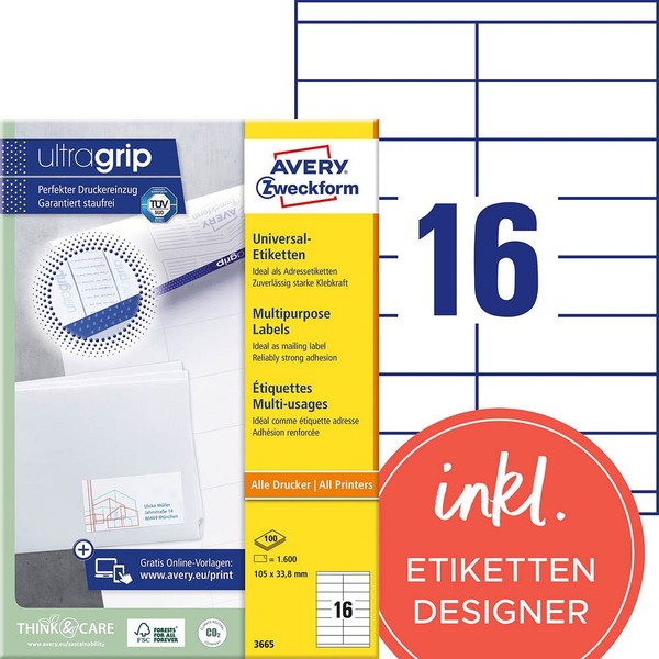 Avery Zweckform Etiketten 3665 Weiß 105,0 X 33,8 Mm, 100 Blatt-image