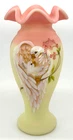 Fenton Burmese "Mother's Day" Uranium Vase with Mother and Baby Doves 10.5" 2007