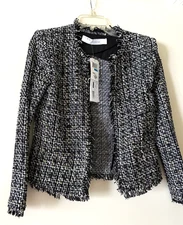 New IRO Paris Size 36 Black Tweed Metallic Open Front Blazer Jacket