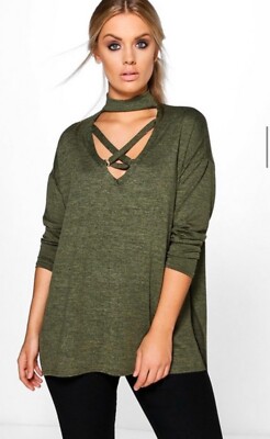 Neu Boohoo grüner Cross Fit Damen-Strickpullover mit Ausschnitt - 18