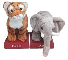 2 FAO Schwarz Toys R Us 9" Plush Stuffed Animals 2014 Tiger and 2015 Elephant