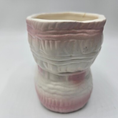 Vintage 60s Ceramic Baby Bootie Planter w/ Pink Flowers by