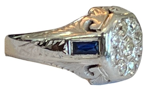 ANTICO ANELLO COCKTAIL ORO BIANCO 18 KT TAGLIO MINIERA DIAMANTE AUREOLA ZAFFIRO FILIGRANA 6 - Foto 3 di 18